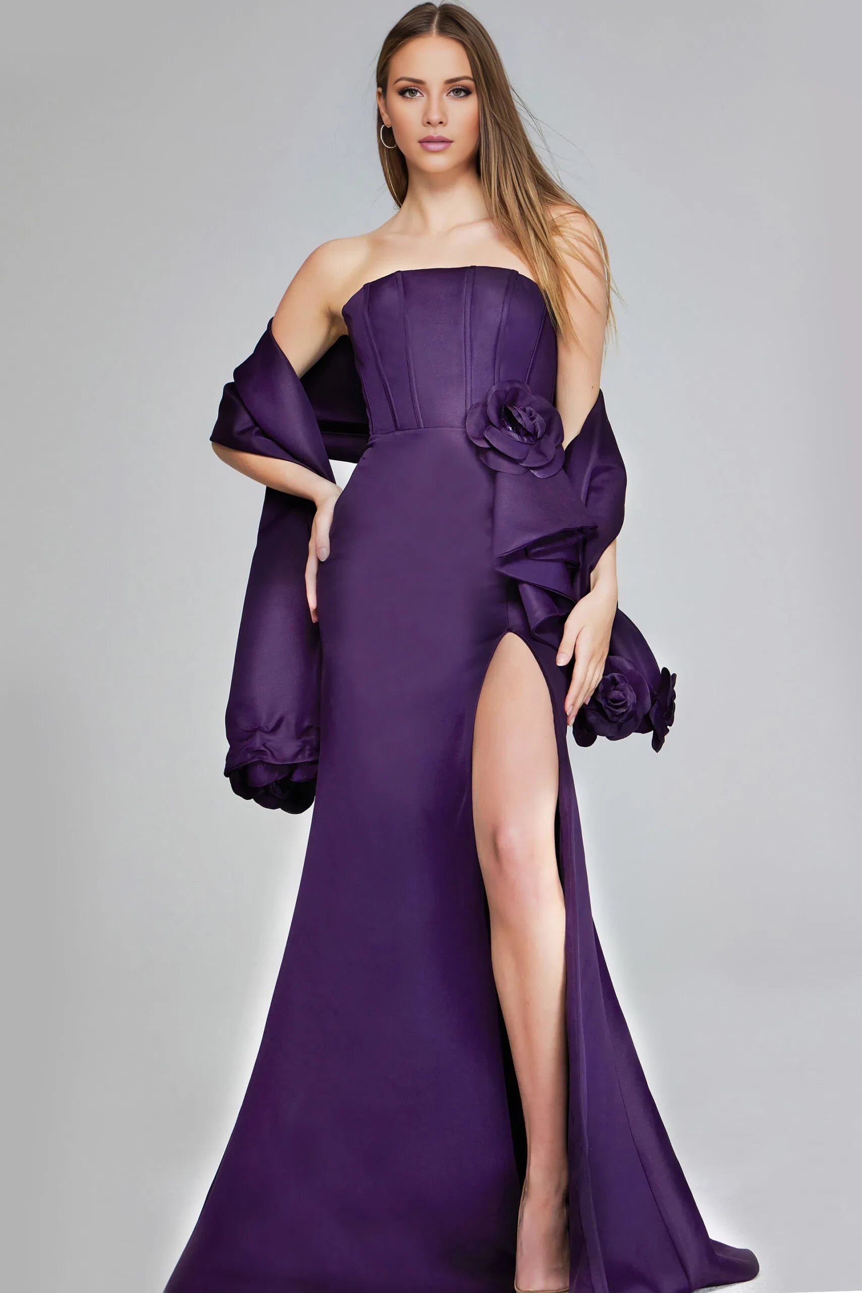 Glamorous Mermaid Strapless Floral-Accent High-Slit Draped-Sleeve Long Length Evening Dresses
