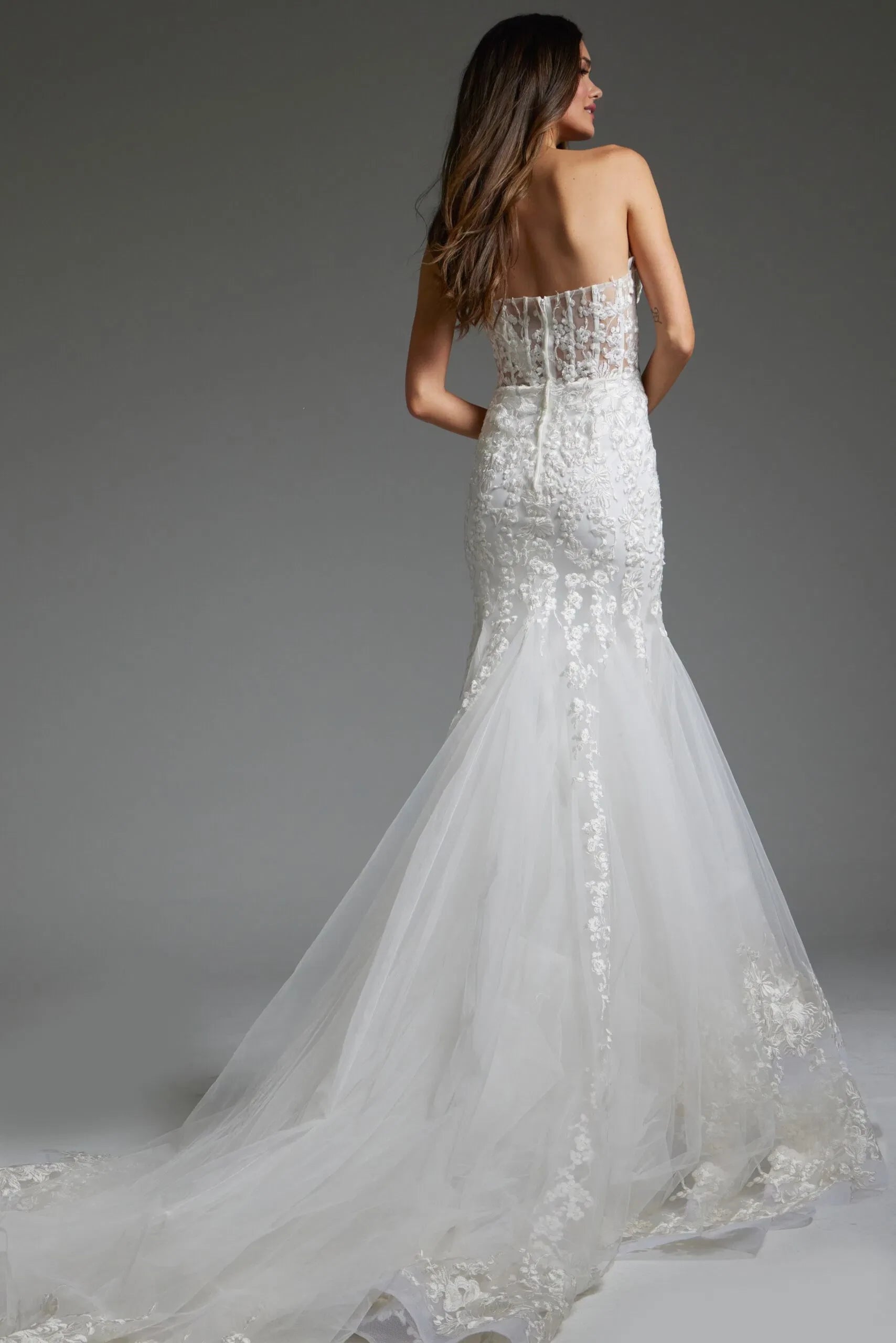 Glamorous Mermaid Strapless Floral-Lace Sheer-Back Train Length Wedding Dresses