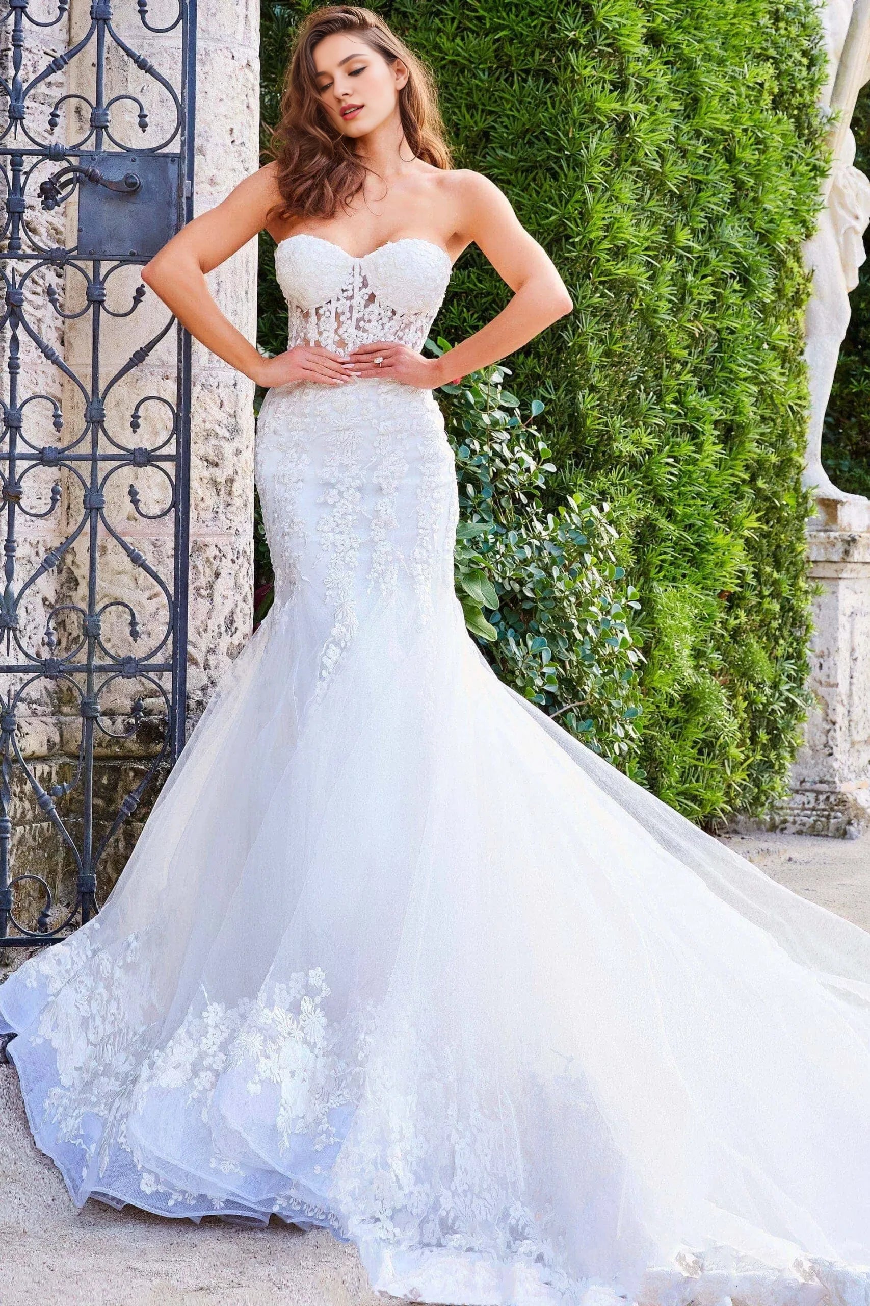 Glamorous Mermaid Strapless Floral-Lace Sheer-Back Train Length Wedding Dresses