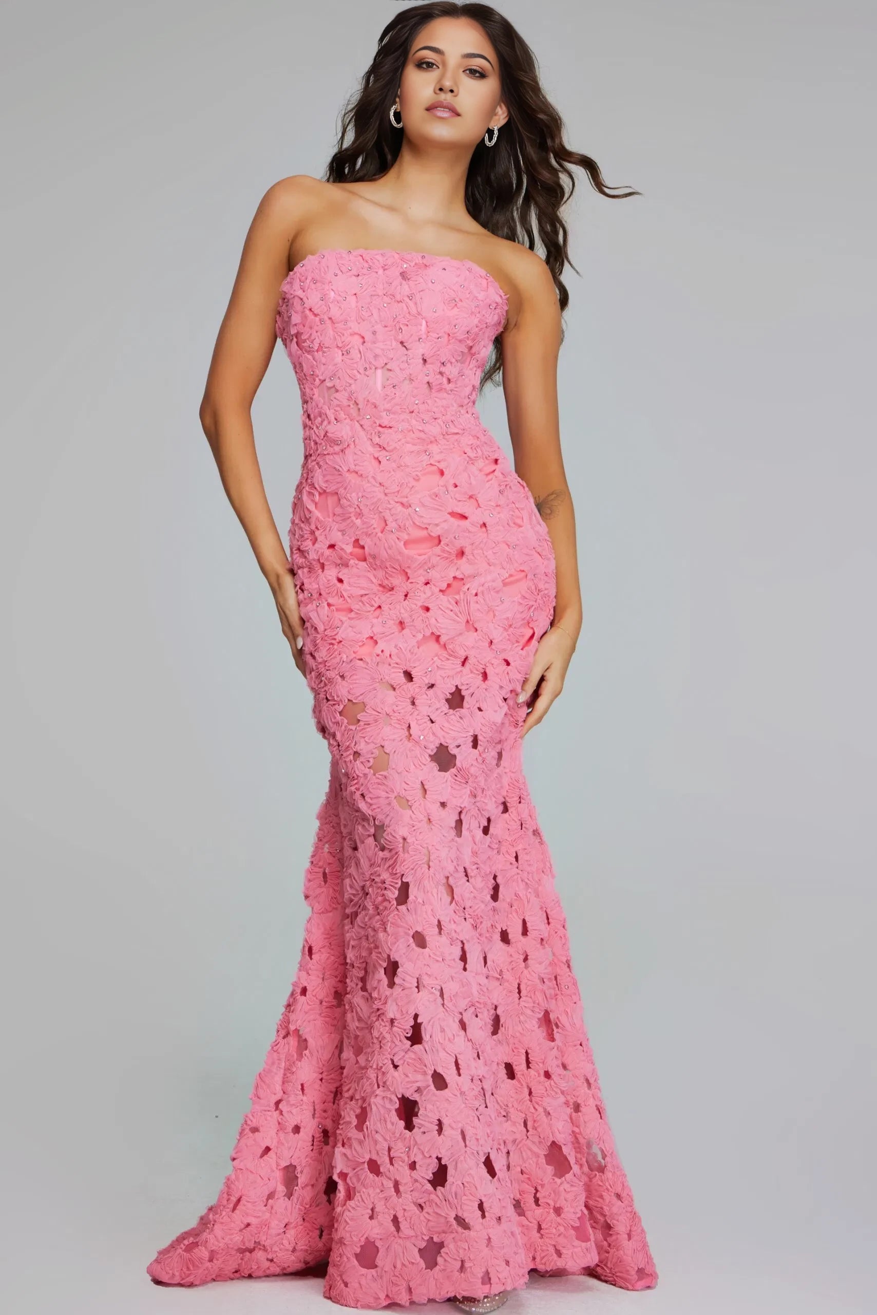 Glamorous Mermaid Strapless Floral-Lace Sheer-Detail Long Length Evening Dresses