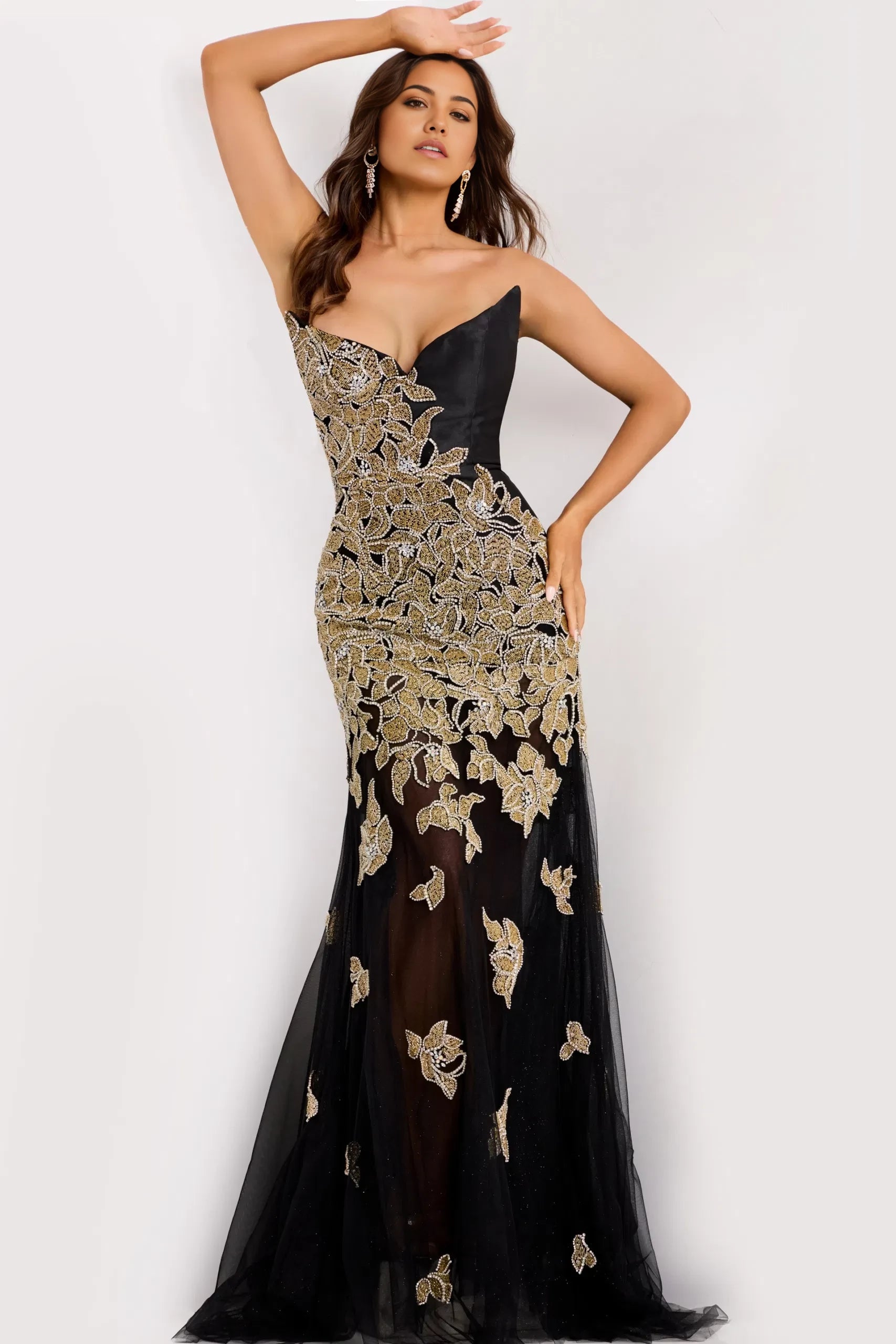 Glamorous Mermaid Strapless Gold-Embroidered Open-Back Long Length Evening Dresses