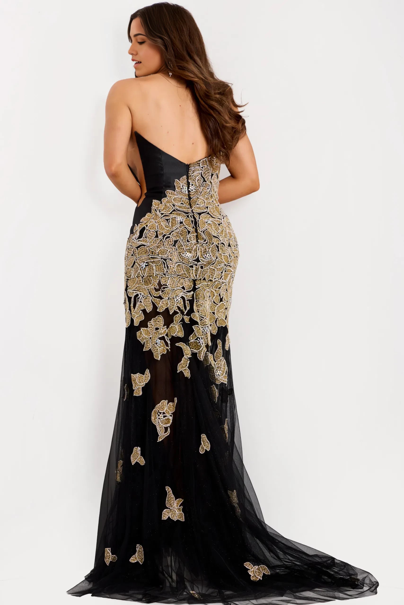 Glamorous Mermaid Strapless Gold-Embroidered Open-Back Long Length Evening Dresses