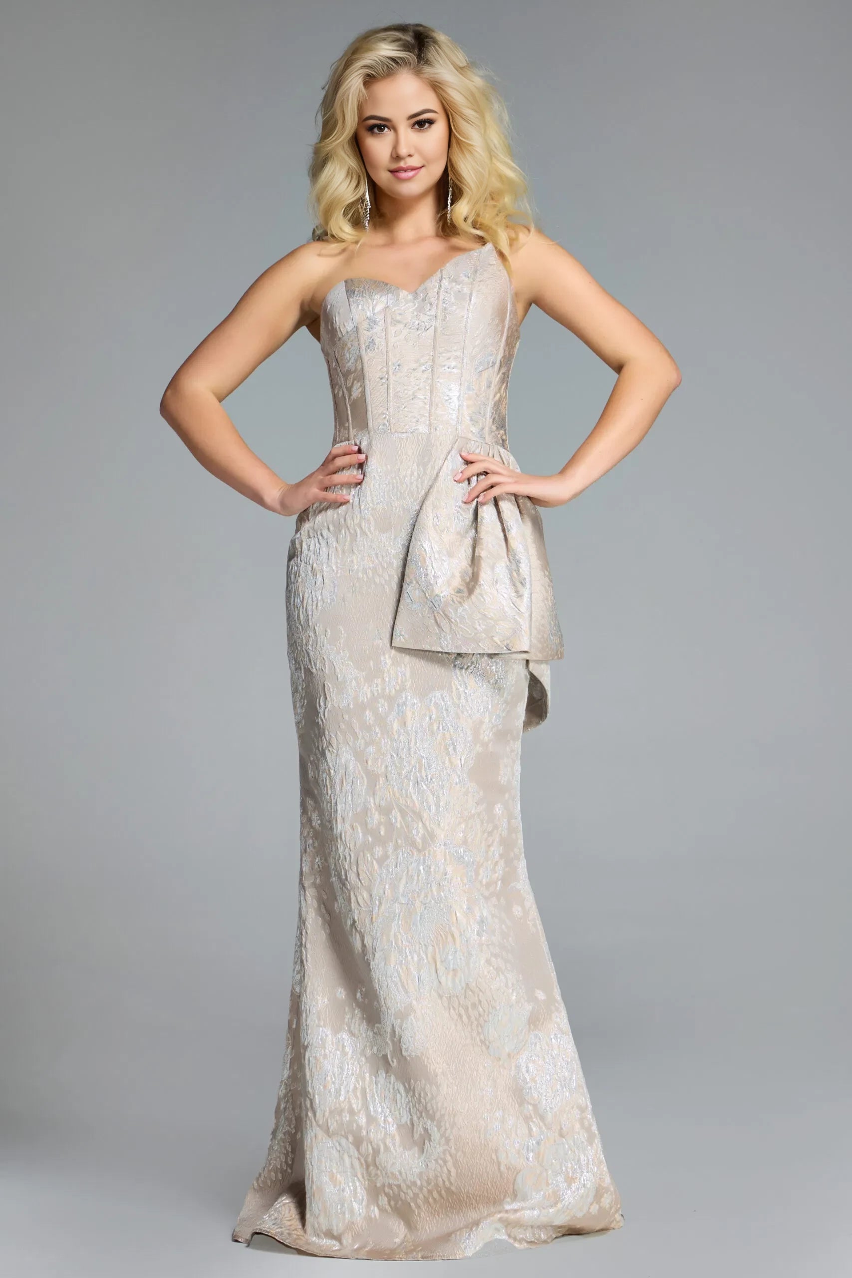 Glamorous Mermaid Strapless Jacquard Peplum-Detailed Long Length Evening Dresses