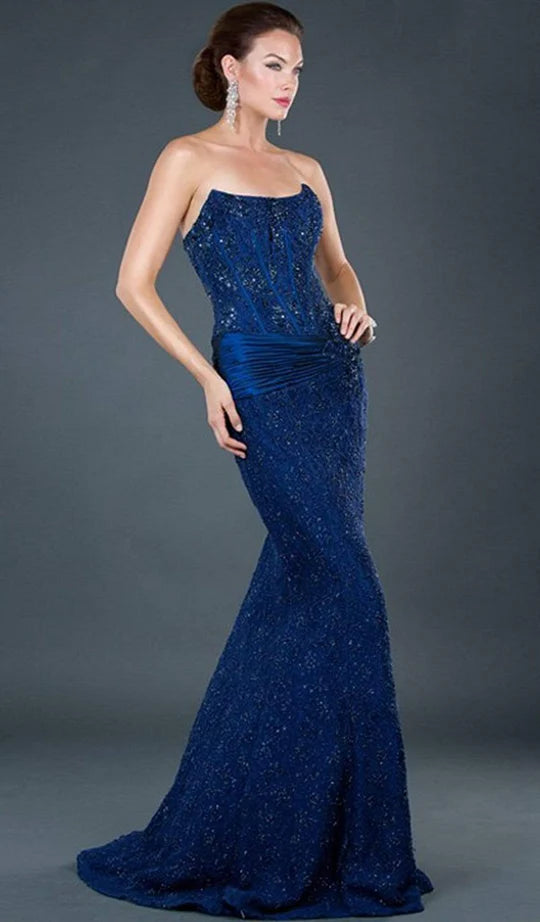Glamorous Mermaid Strapless Open-Back Navy Sequin-Fabric Train Floor-Length Mother of the Bride Dresses