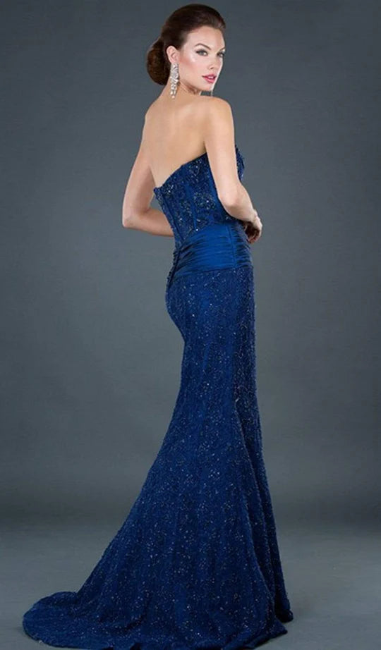 Glamorous Mermaid Strapless Open-Back Navy Sequin-Fabric Train Floor-Length Mother of the Bride Dresses