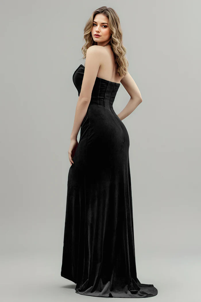 Glamorous Mermaid Strapless Ruched-Bodice Open-Back High-Slit Train-Length Bridesmaid Dresses