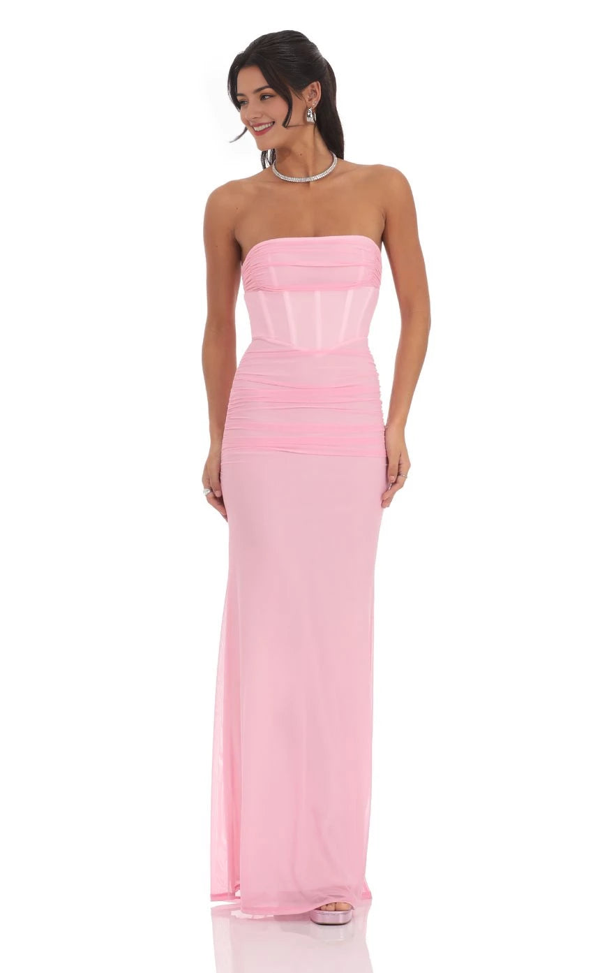Glamorous Mermaid Strapless Ruched Corset-Detail Floor Length Prom Dresses