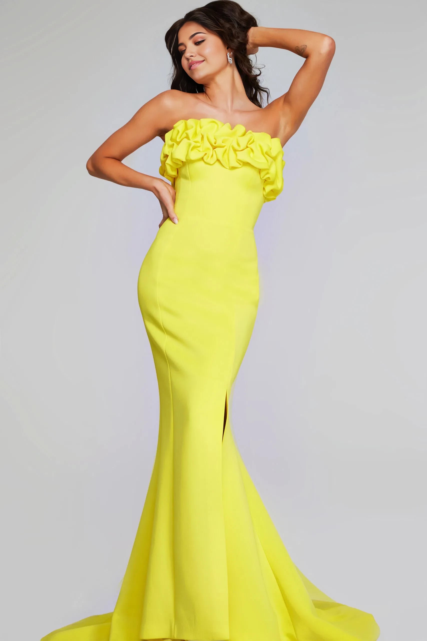 Glamorous Mermaid Strapless Ruffle-Accent High-Slit Open-Back Long Length Evening Dresses