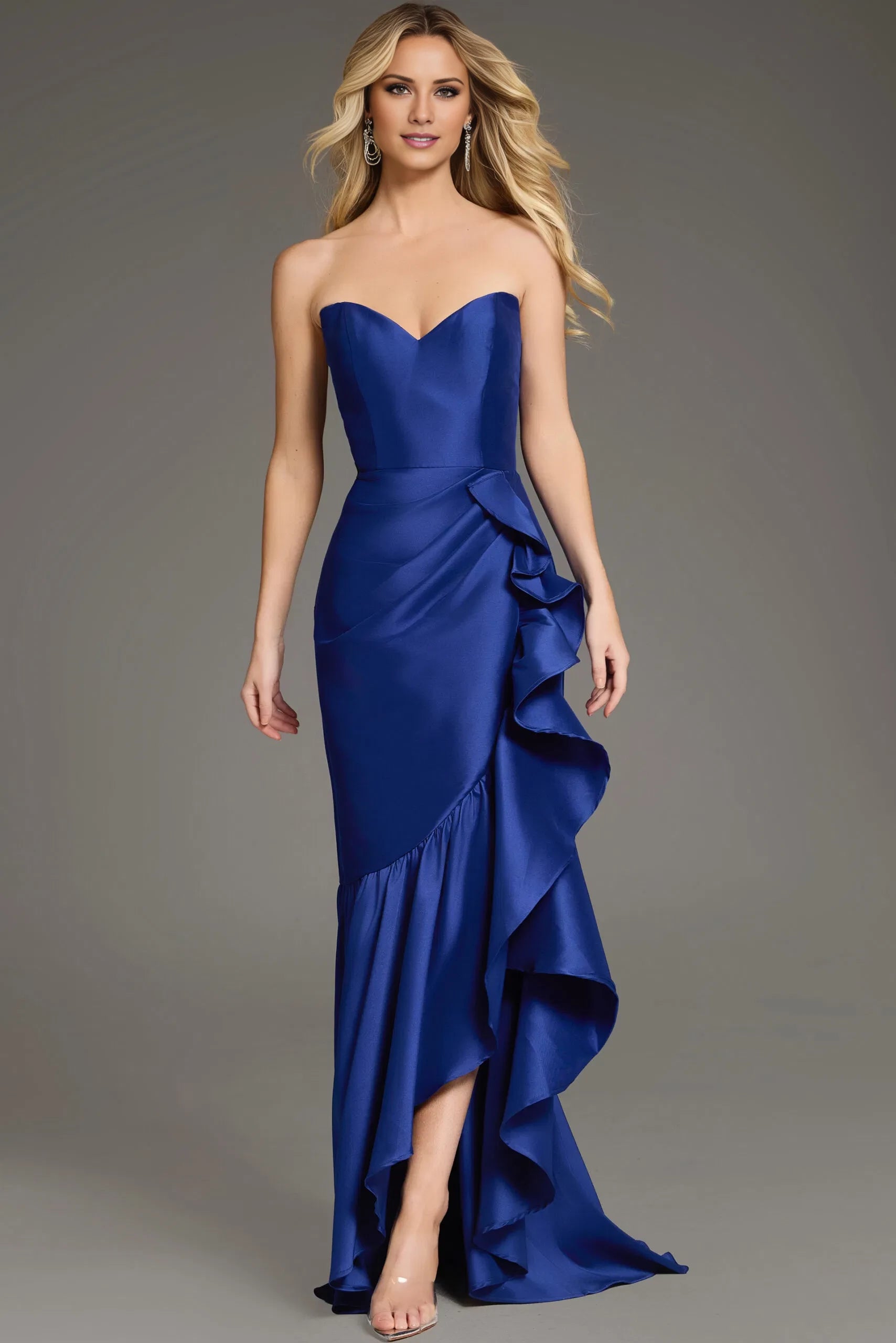 Glamorous Mermaid Strapless Ruffle-Accent High-Slit Open-Back Long Length Evening Dresses