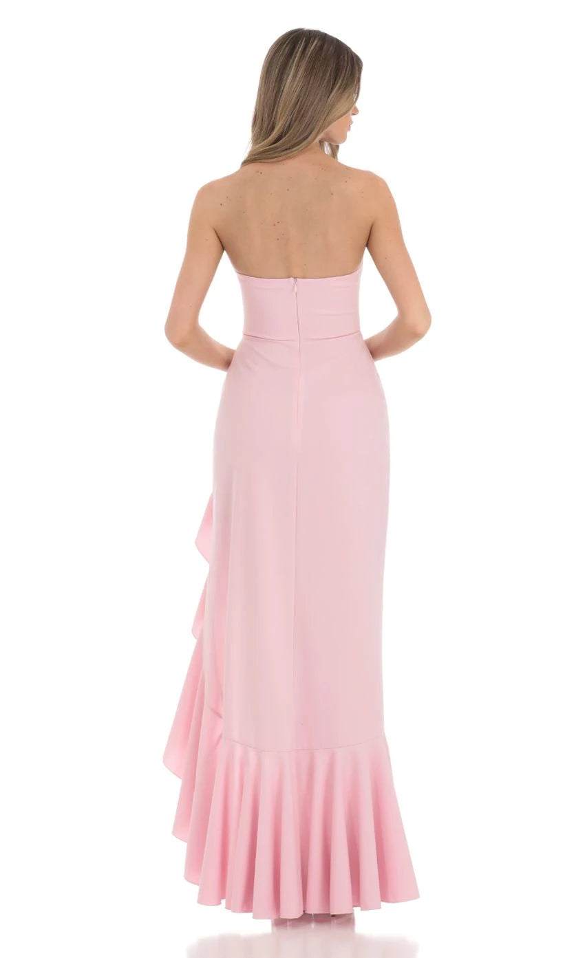 Glamorous Mermaid Strapless Ruffled Slit Back Floor Length Prom Dresses