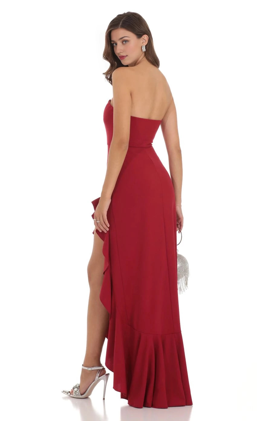 Glamorous Mermaid Strapless Ruffled Slit Back Floor Length Prom Dresses