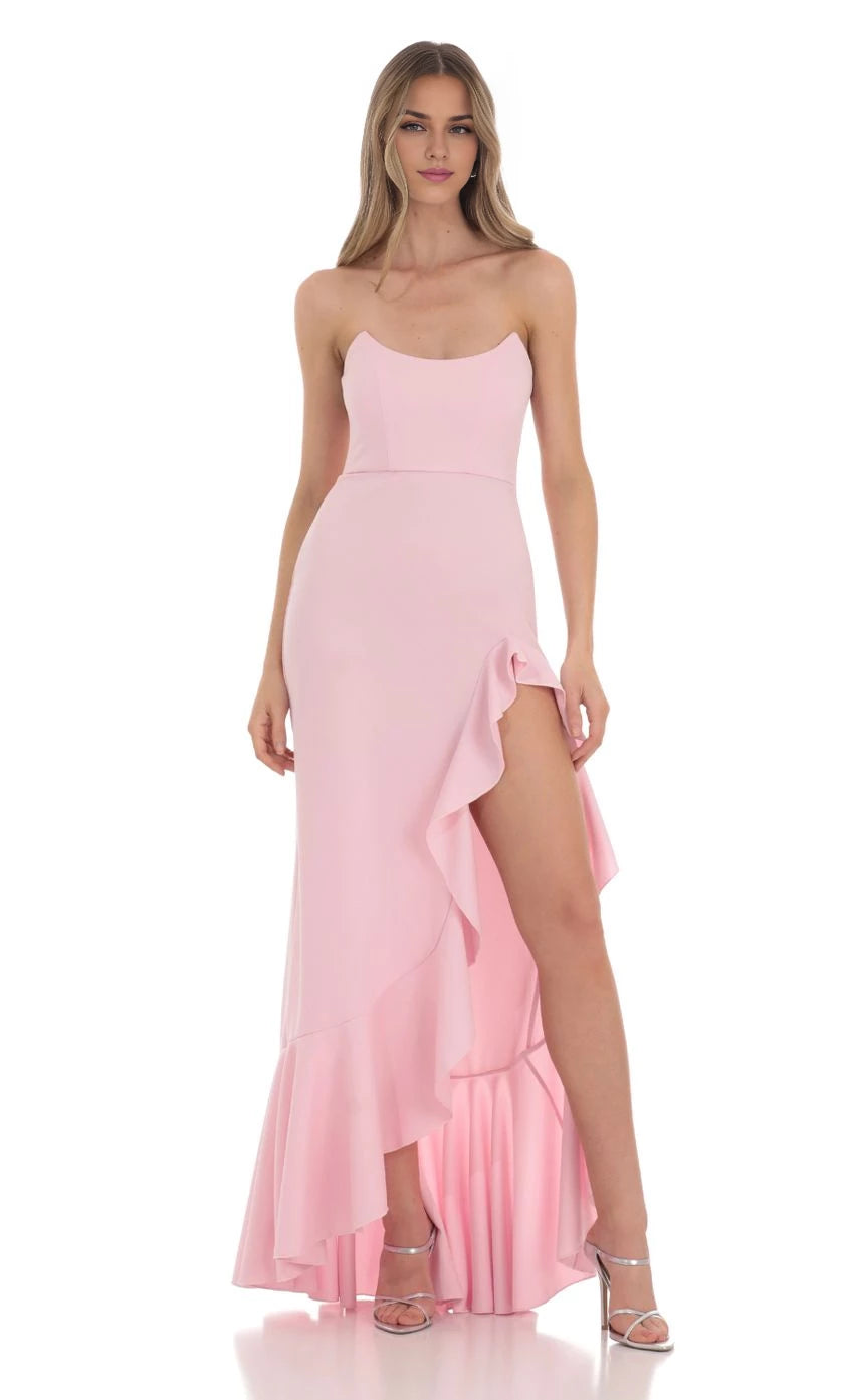 Glamorous Mermaid Strapless Ruffled Slit Back Floor Length Prom Dresses