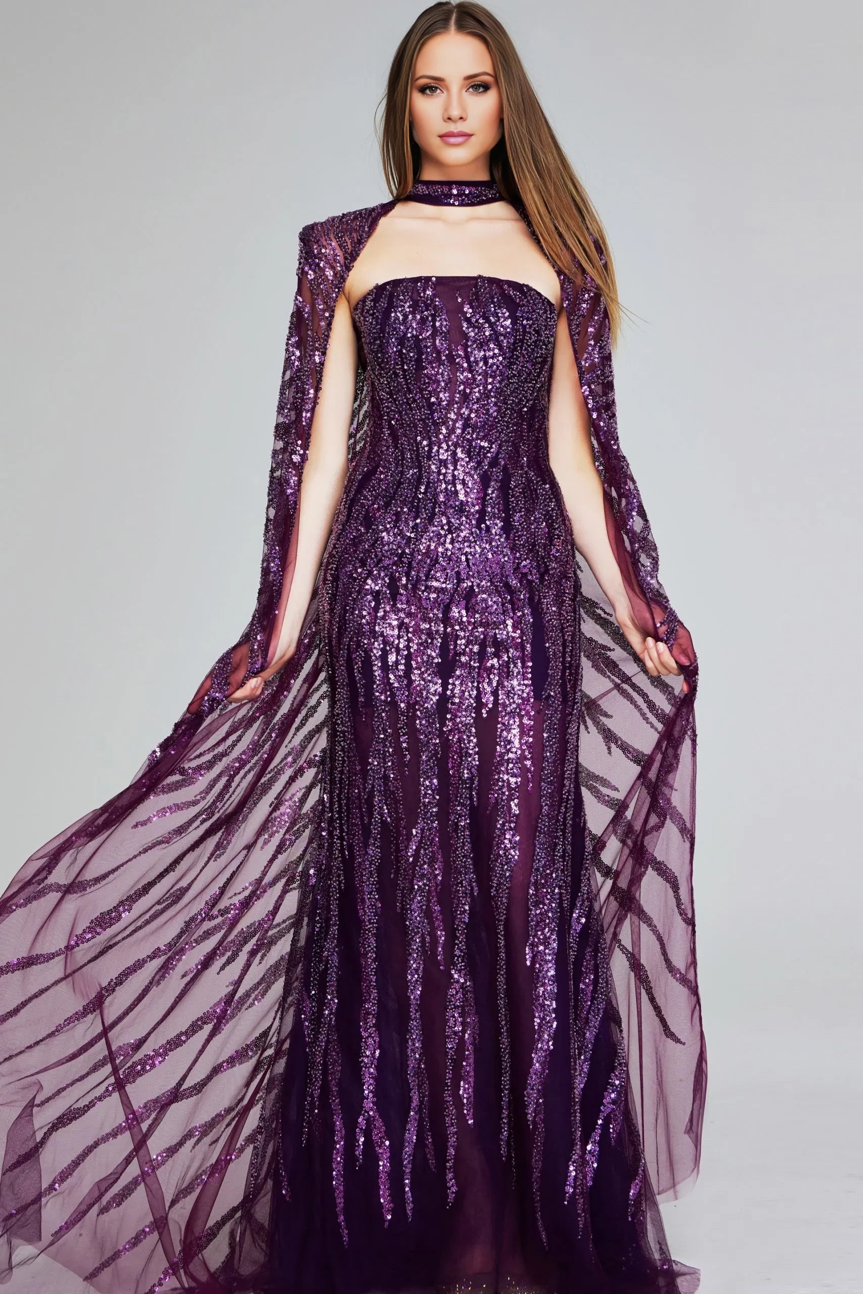 Glamorous Mermaid Strapless Sequin-Cape-Accent Long Length Evening Dresses