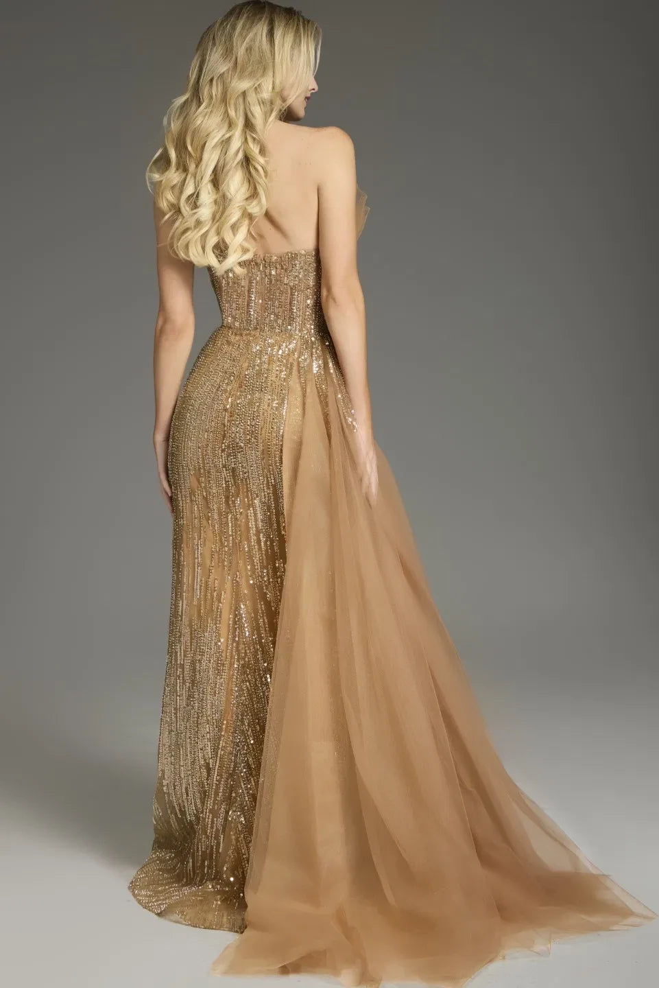Glamorous Mermaid Strapless Sequin-Draped Tulle-Overlay High-Slit Long Length Evening Dresses