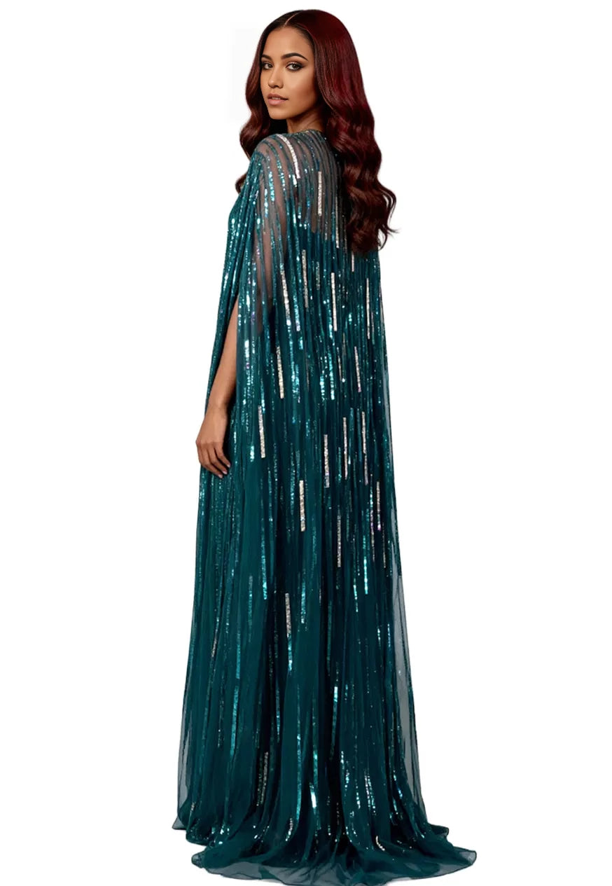 Glamorous Mermaid Strapless Sequin-Embellished Cape-Accent Long Length Evening Dresses