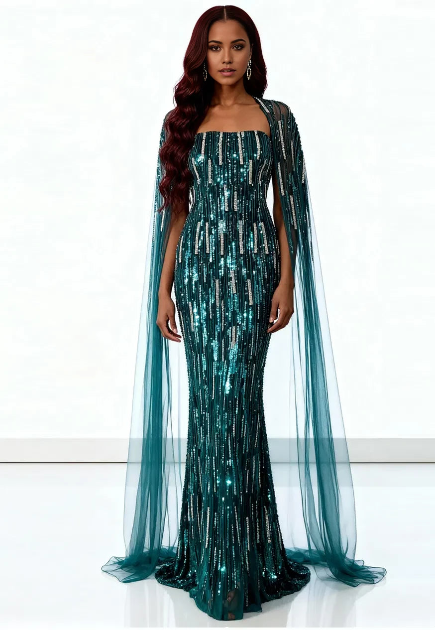 Glamorous Mermaid Strapless Sequin-Embellished Cape-Accent Long Length Evening Dresses