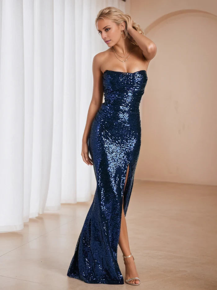 Glamorous Mermaid Strapless Sequin Open Back Long Length Prom Dresses