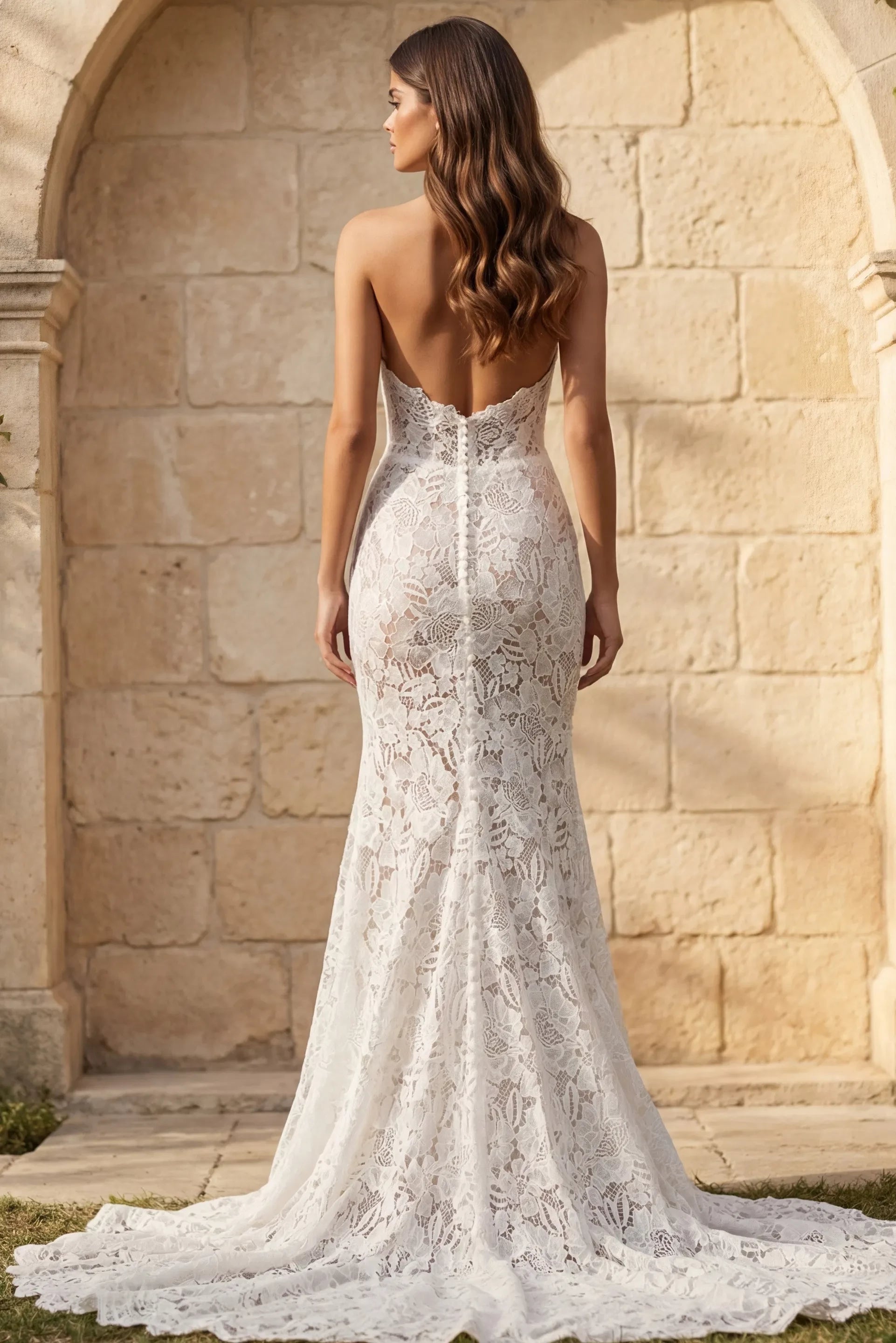 Glamorous Mermaid Strapless Sheer-Lace Deep-V Open-Back Train Length Wedding Dresses