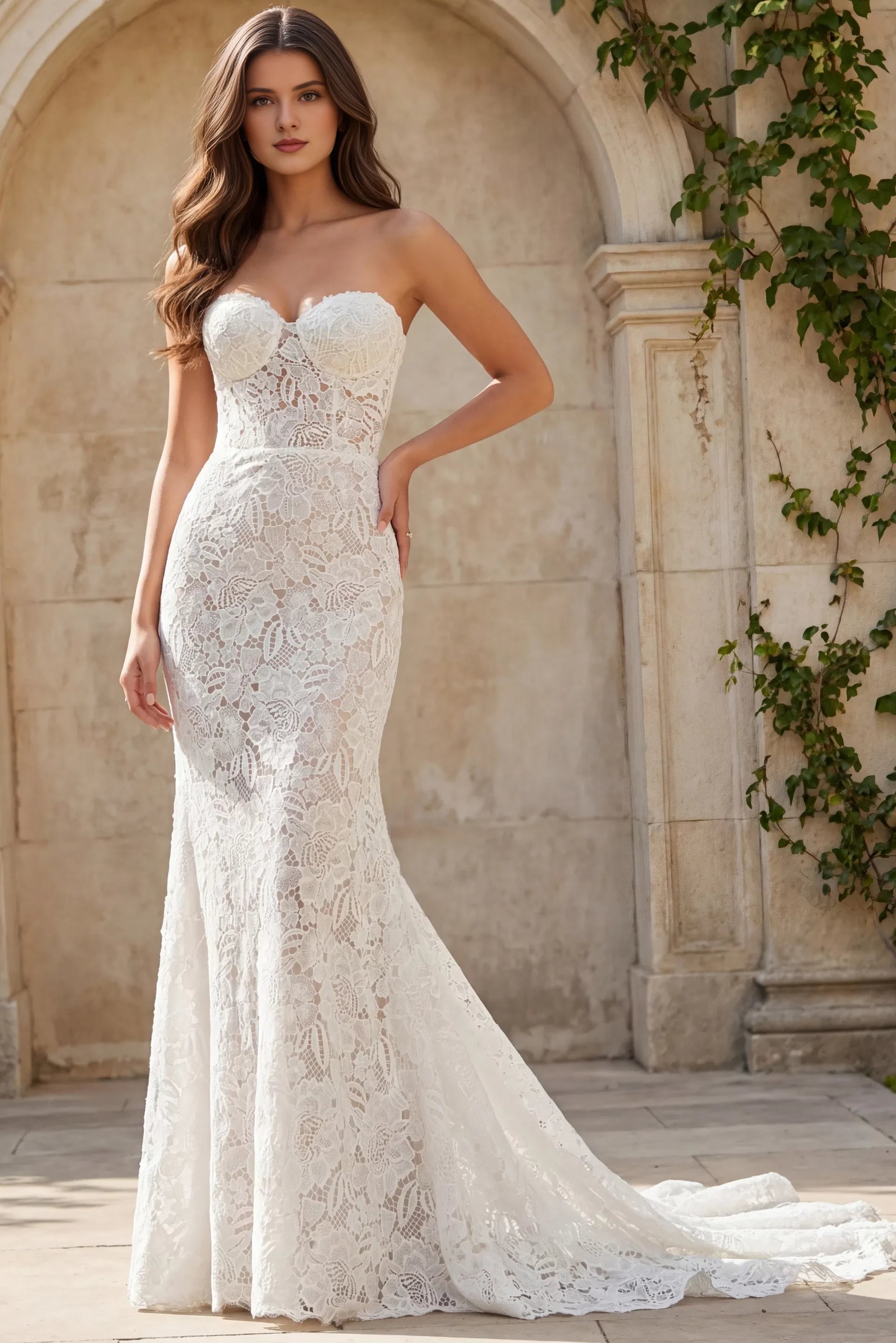 Glamorous Mermaid Strapless Sheer-Lace Deep-V Open-Back Train Length Wedding Dresses