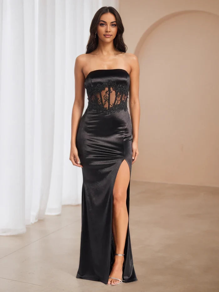 Glamorous Mermaid Strapless Sleeveless Lace Back Floor Length Prom Dresses
