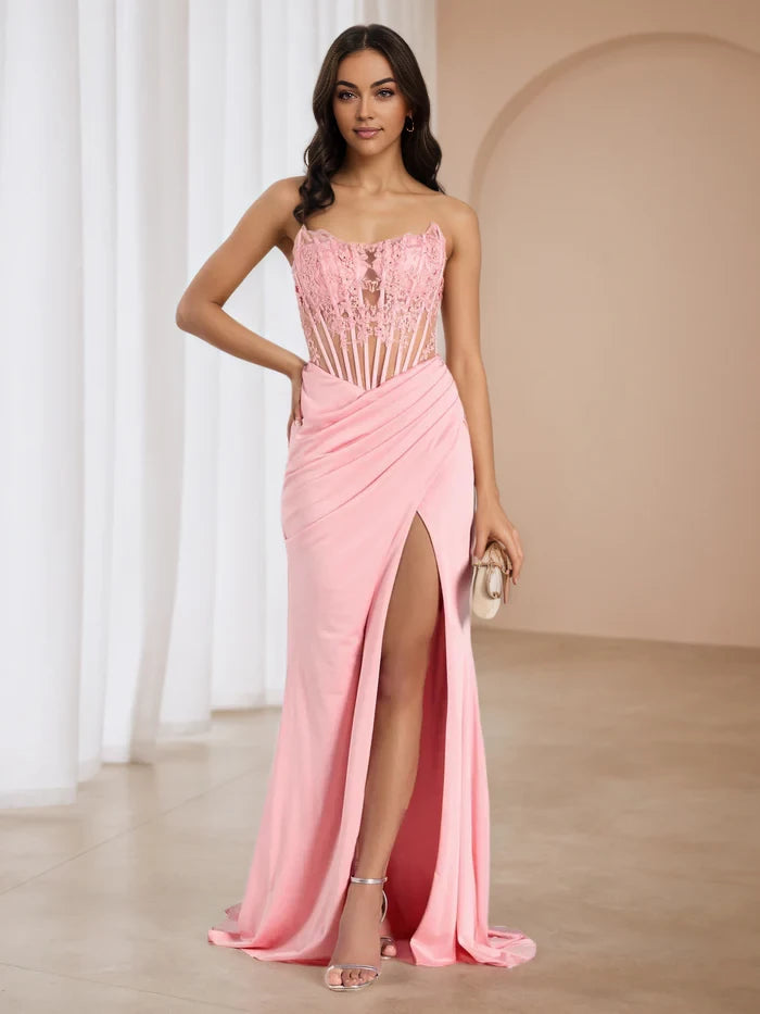Glamorous Mermaid Strapless Sleeveless Lace - Up Back Floor Length Prom Dresses