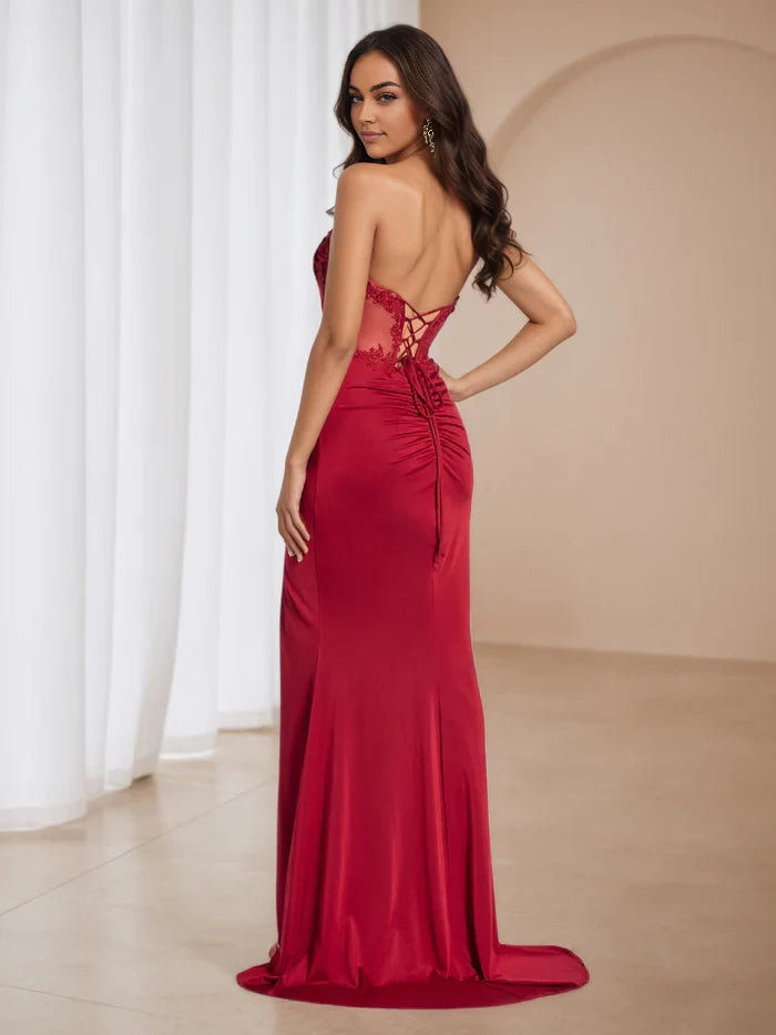 Glamorous Mermaid Strapless Sleeveless Lace - Up Back Floor Length Prom Dresses