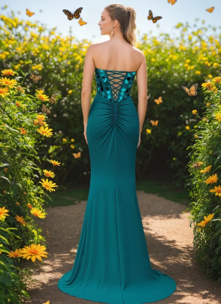Glamorous Mermaid Strapless Sleeveless Lace - Up Back Long Length Prom Dresses