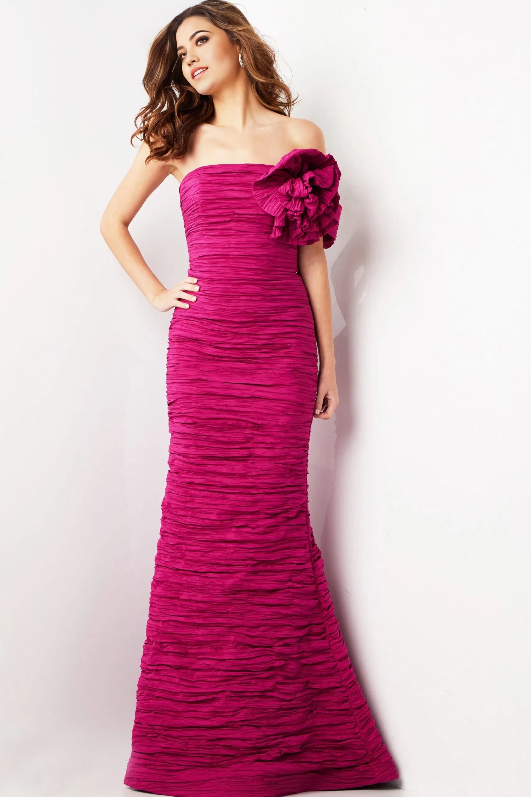Glamorous Mermaid Strapless Textured-Ruche Floral-Accent Long Length Evening Dresses