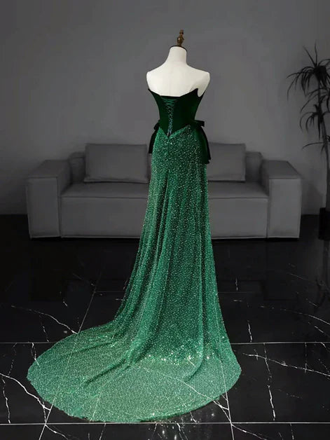 Glamorous Mermaid Strapless Velvet Sequin-Bodice Bow-Back Train Length Evening Dresses