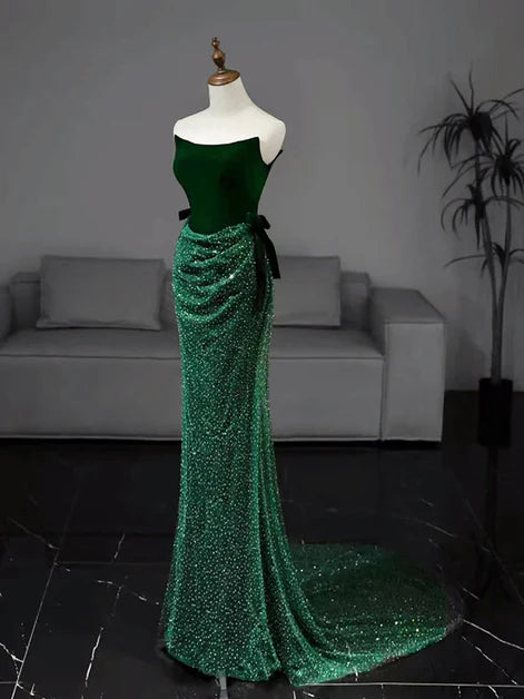 Glamorous Mermaid Strapless Velvet Sequin-Bodice Bow-Back Train Length Evening Dresses