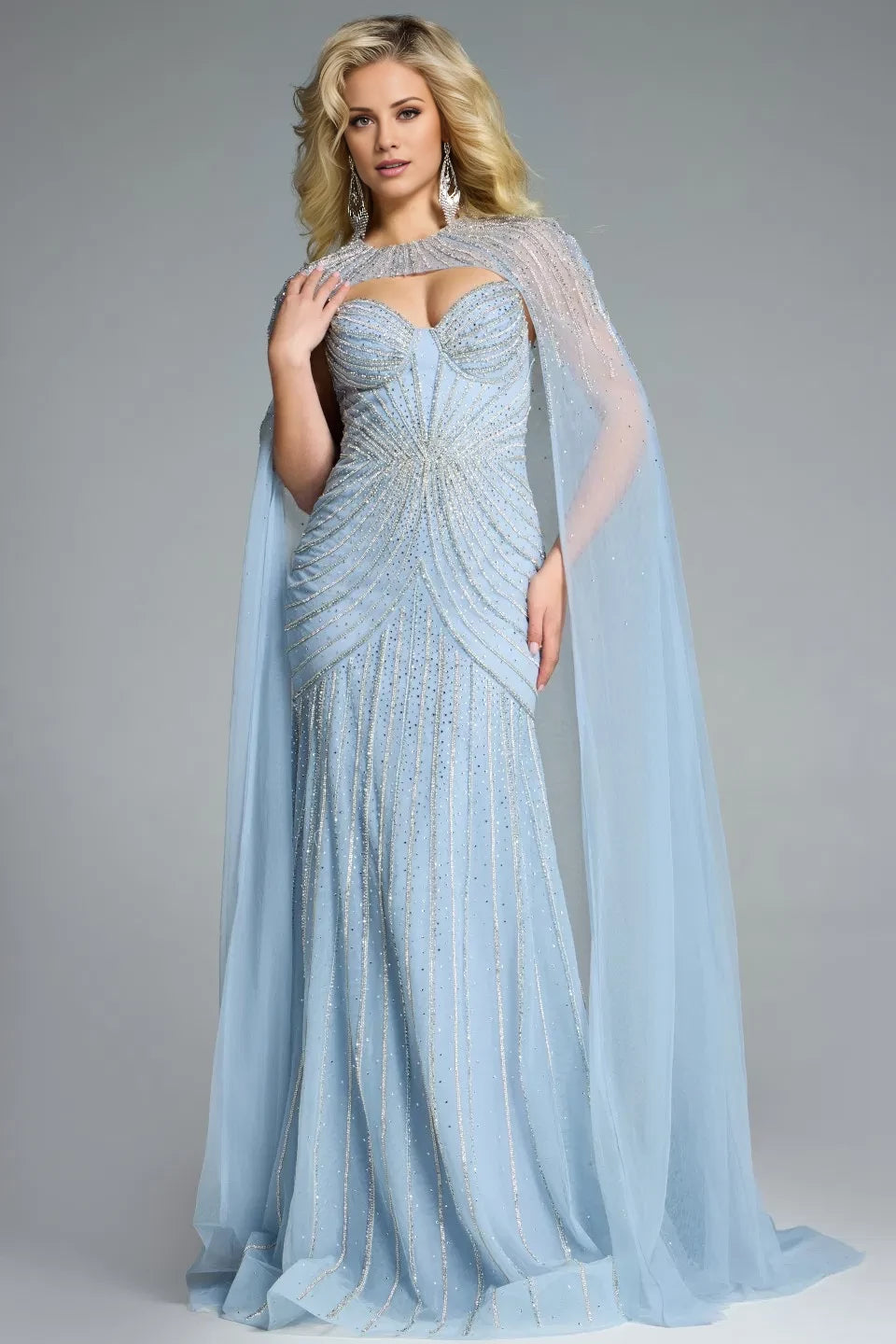Glamorous Mermaid Sweetheart-Neck Cape-Sleeve Beaded-Accent Long Length Evening Dresses