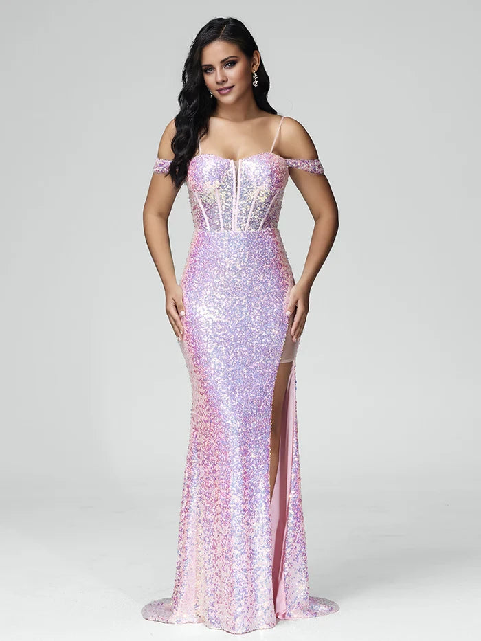 Glamorous Mermaid Sweetheart Off - Shoulder Sleeve Lace - Up Back Long Length Prom Dresses