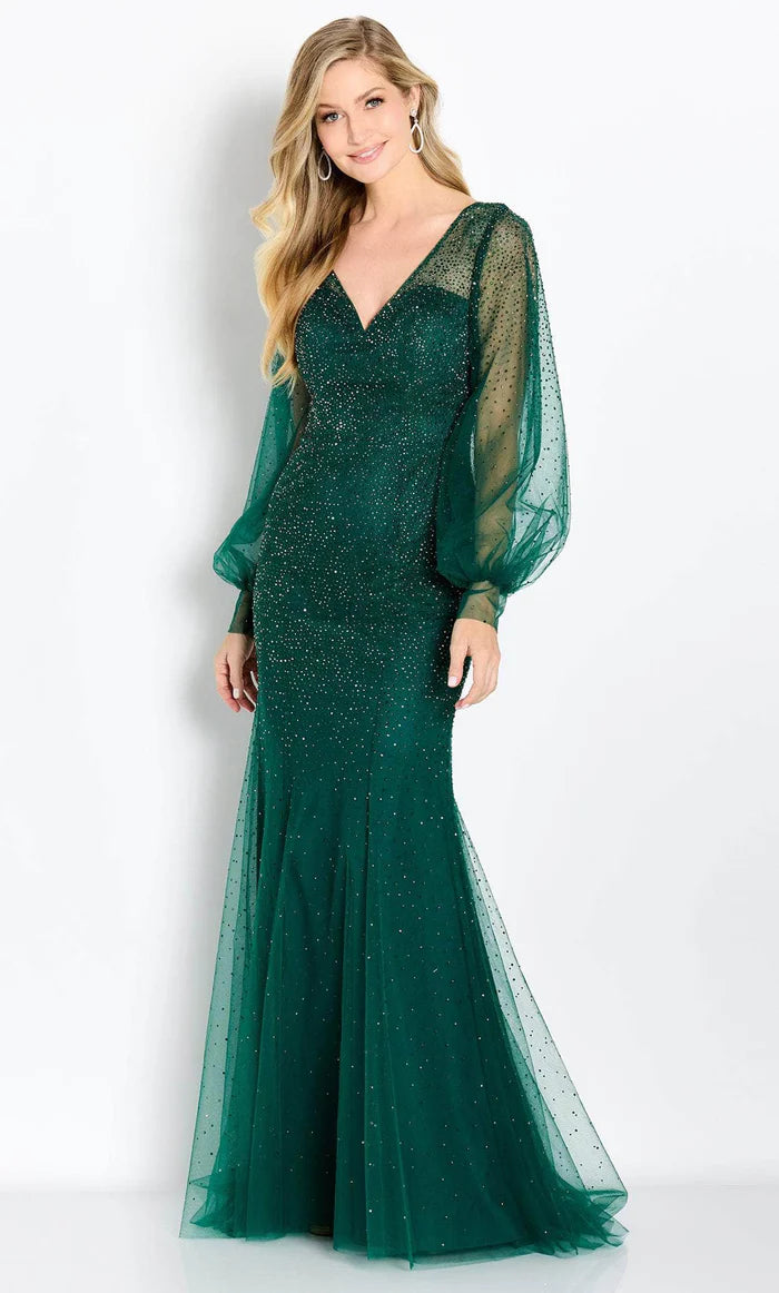Glamorous Mermaid V-Neck Balloon-Sleeve Beaded-Cutout-Back Emerald Tulle Floor-Length Mother of the Bride Dresses