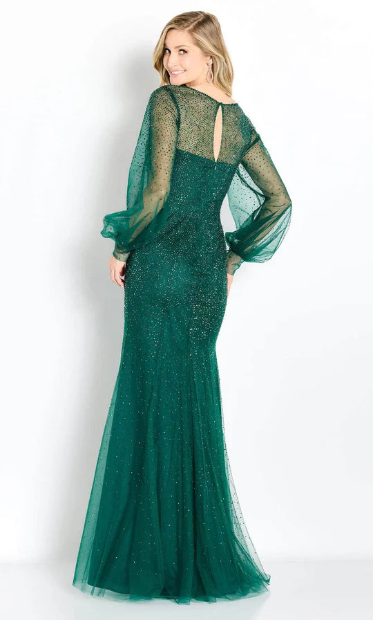 Glamorous Mermaid V-Neck Balloon-Sleeve Beaded-Cutout-Back Emerald Tulle Floor-Length Mother of the Bride Dresses