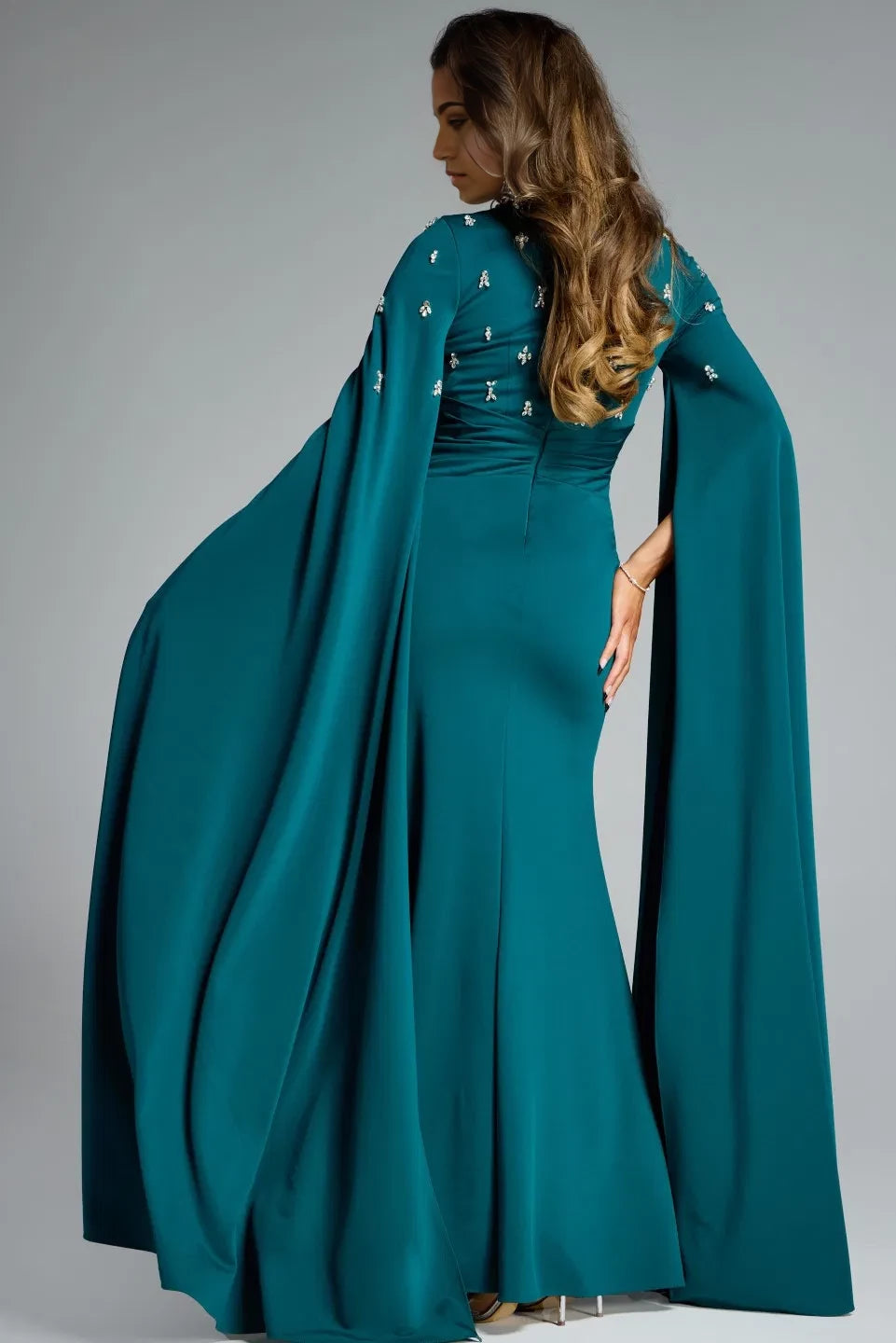 Glamorous Mermaid V-Neck Beaded-Accent Cape-Sleeve Long Length Evening Dresses