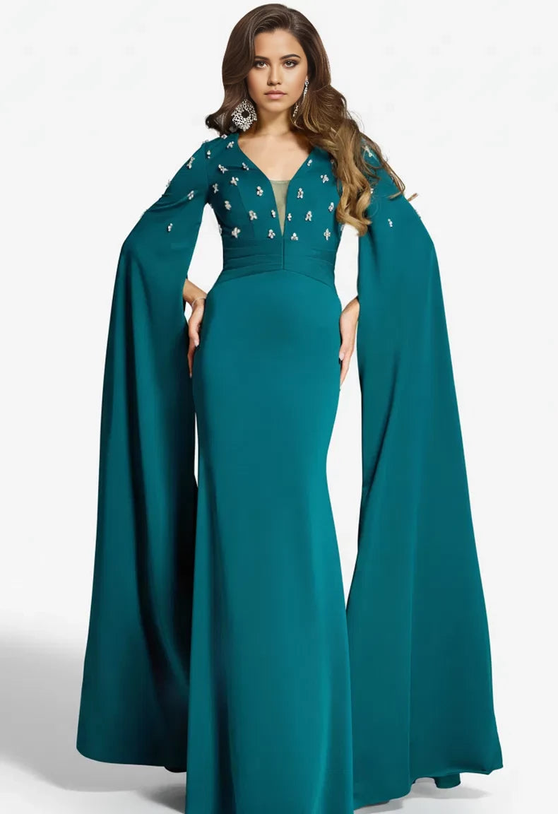 Glamorous Mermaid V-Neck Beaded-Accent Cape-Sleeve Long Length Evening Dresses