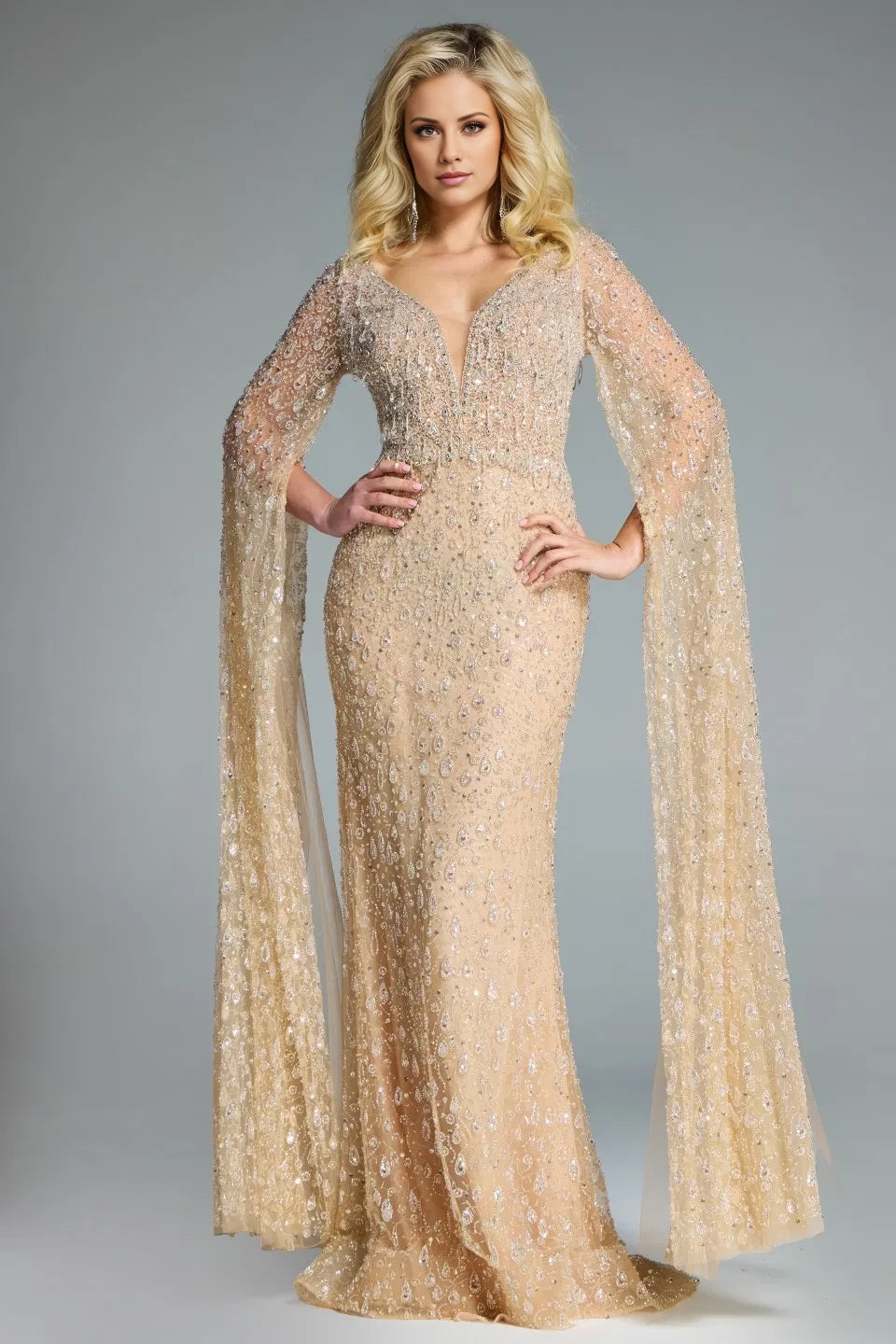 Glamorous Mermaid V-Neck Beaded-Cape-Sleeve Open-Back Long Length Evening Dresses