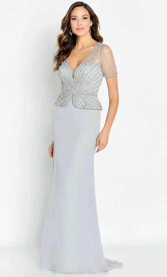 Glamorous Mermaid V-Neck Cap-Sleeve Beaded-Peplum-Back Dusty Lilac Chiffon Floor-Length Mother of the Bride Dresses