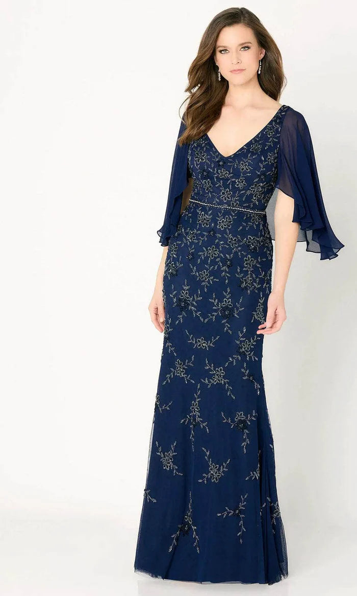 Glamorous Mermaid V-Neck Cape-Sleeve Beaded-Back Navy Tulle Floor-Length Mother of the Bride Dresses