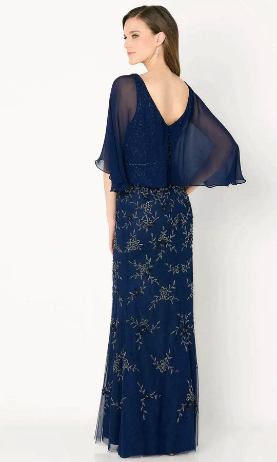 Glamorous Mermaid V-Neck Cape-Sleeve Beaded-Back Navy Tulle Floor-Length Mother of the Bride Dresses