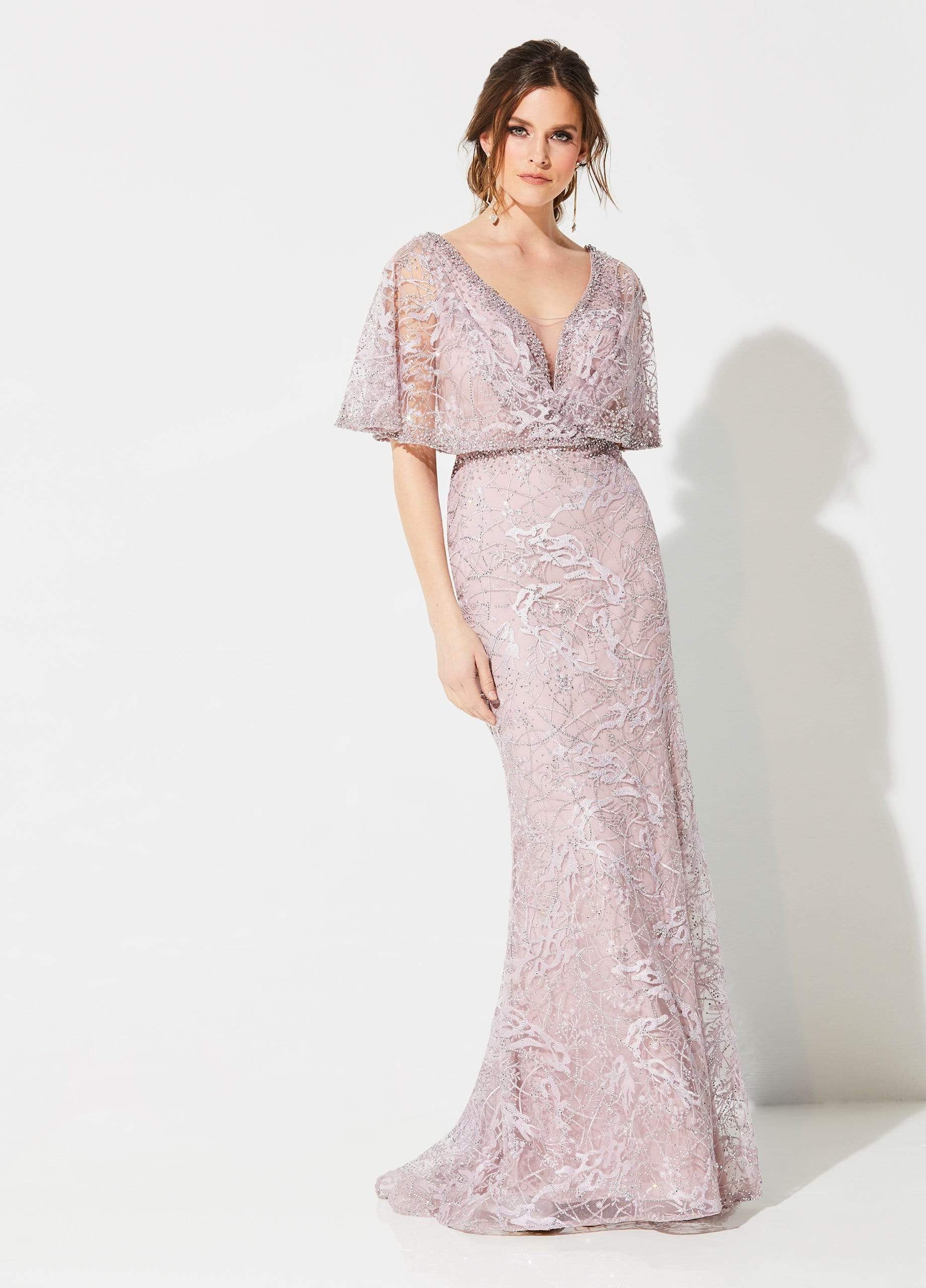 Glamorous Mermaid V-Neck Cape-Sleeve Beaded-Lace-Back Blush Tulle Floor-Length Mother of the Bride Dresses