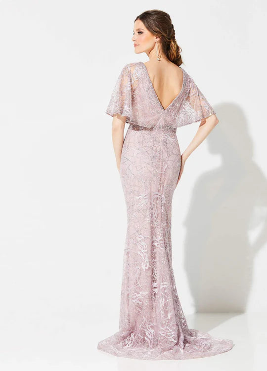 Glamorous Mermaid V-Neck Cape-Sleeve Beaded-Lace-Back Blush Tulle Floor-Length Mother of the Bride Dresses