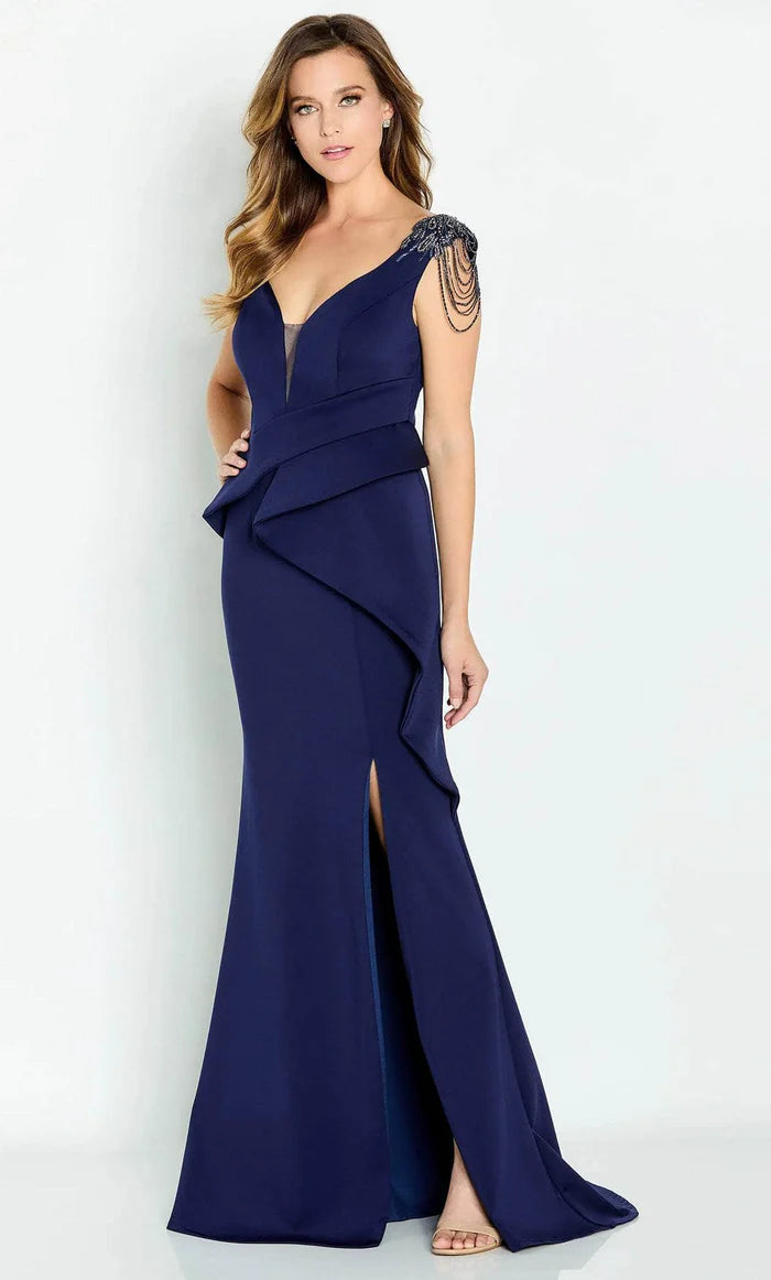 Glamorous Mermaid V-Neck Chain-Accent Open-Back Navy Satin Floor-Length Mother of the Bride Dresses