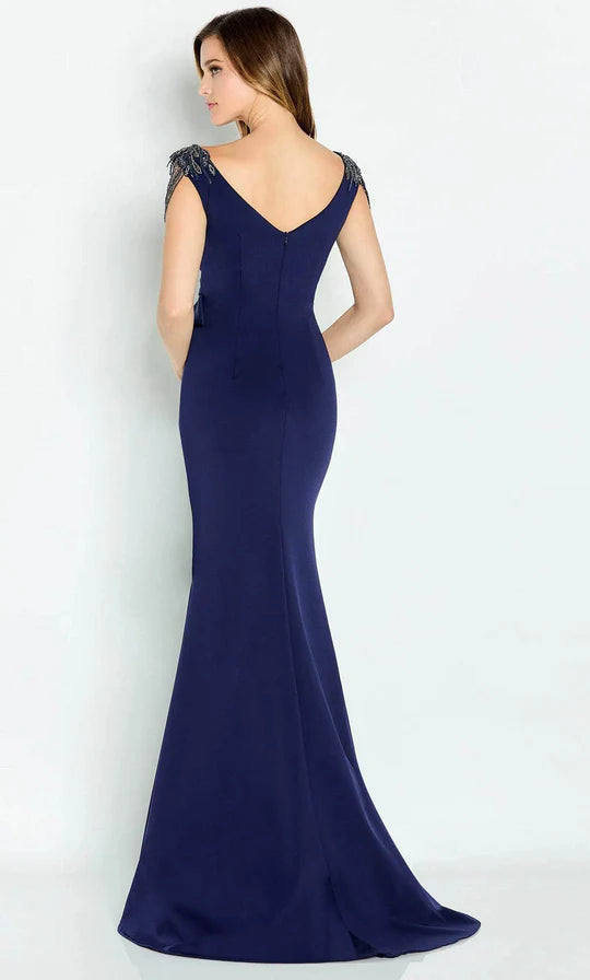 Glamorous Mermaid V-Neck Chain-Accent Open-Back Navy Satin Floor-Length Mother of the Bride Dresses