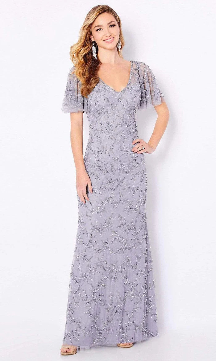Glamorous Mermaid V-Neck Flutter-Sleeve Beaded-Back Dusty Lavender Tulle Floor-Length Mother of the Bride Dresses