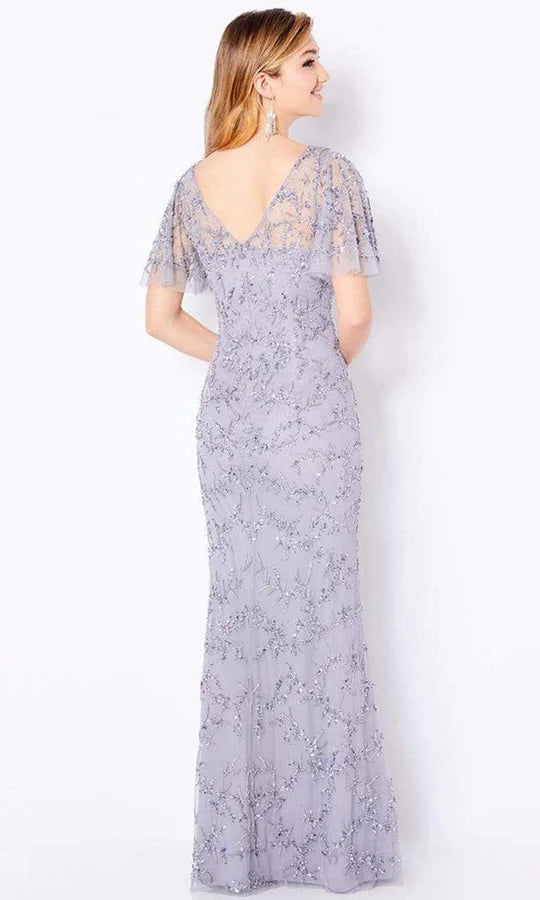 Glamorous Mermaid V-Neck Flutter-Sleeve Beaded-Back Dusty Lavender Tulle Floor-Length Mother of the Bride Dresses
