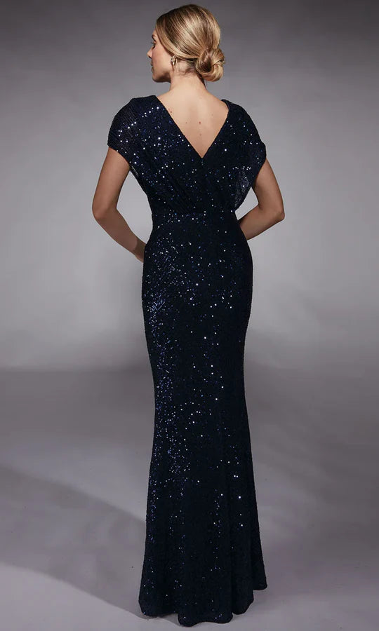 Glamorous Mermaid V-Neck Flutter-Sleeve-Zip-Back Navy Sequin Floor-Length Mother of the Bride Dresses
