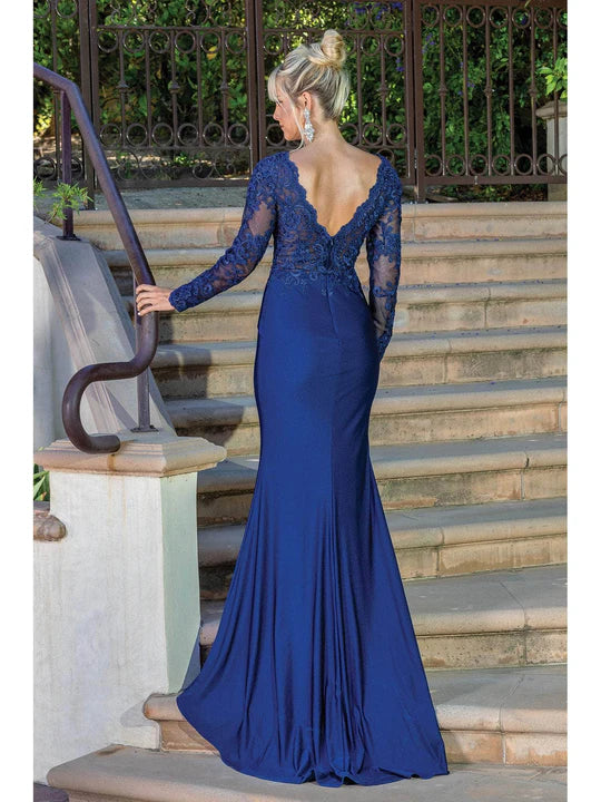 Glamorous Mermaid V-Neck Long-Sleeve Deep-V-Back Royal Blue Lace-Satin Floor-Length Mother of the Bride Dresses