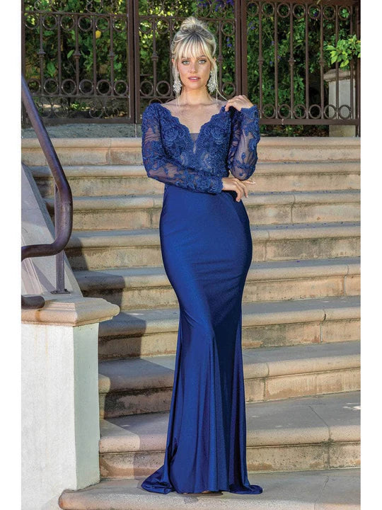 Glamorous Mermaid V-Neck Long-Sleeve Deep-V-Back Royal Blue Lace-Satin Floor-Length Mother of the Bride Dresses