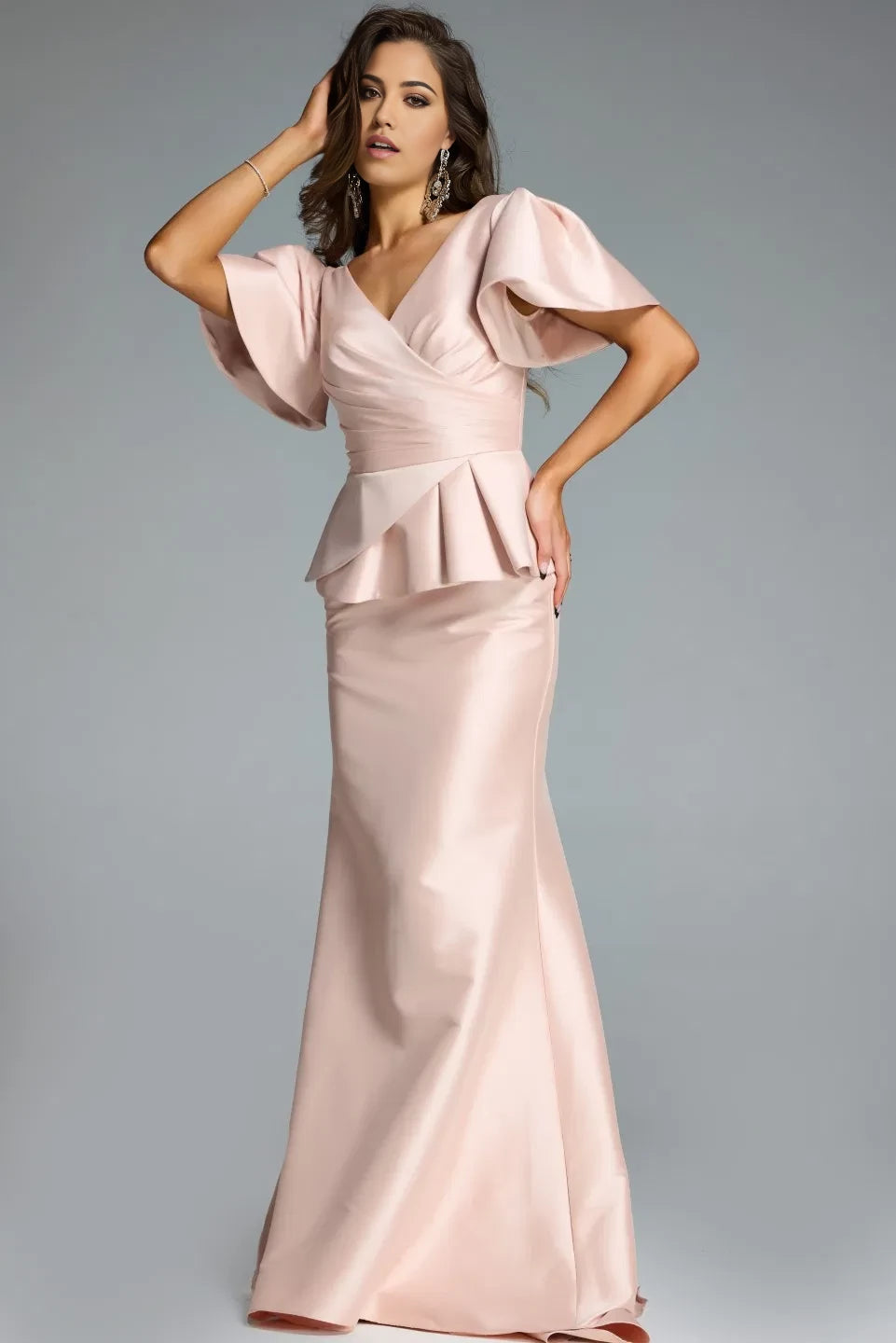 Glamorous Mermaid V-Neck Ruffle-Sleeve Peplum-Accent Long Length Evening Dresses